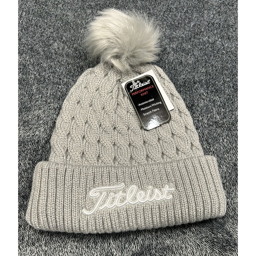 Titleist Golf Cable Knit Light Gray/White Pom Pom Winter Beanie (SH8)